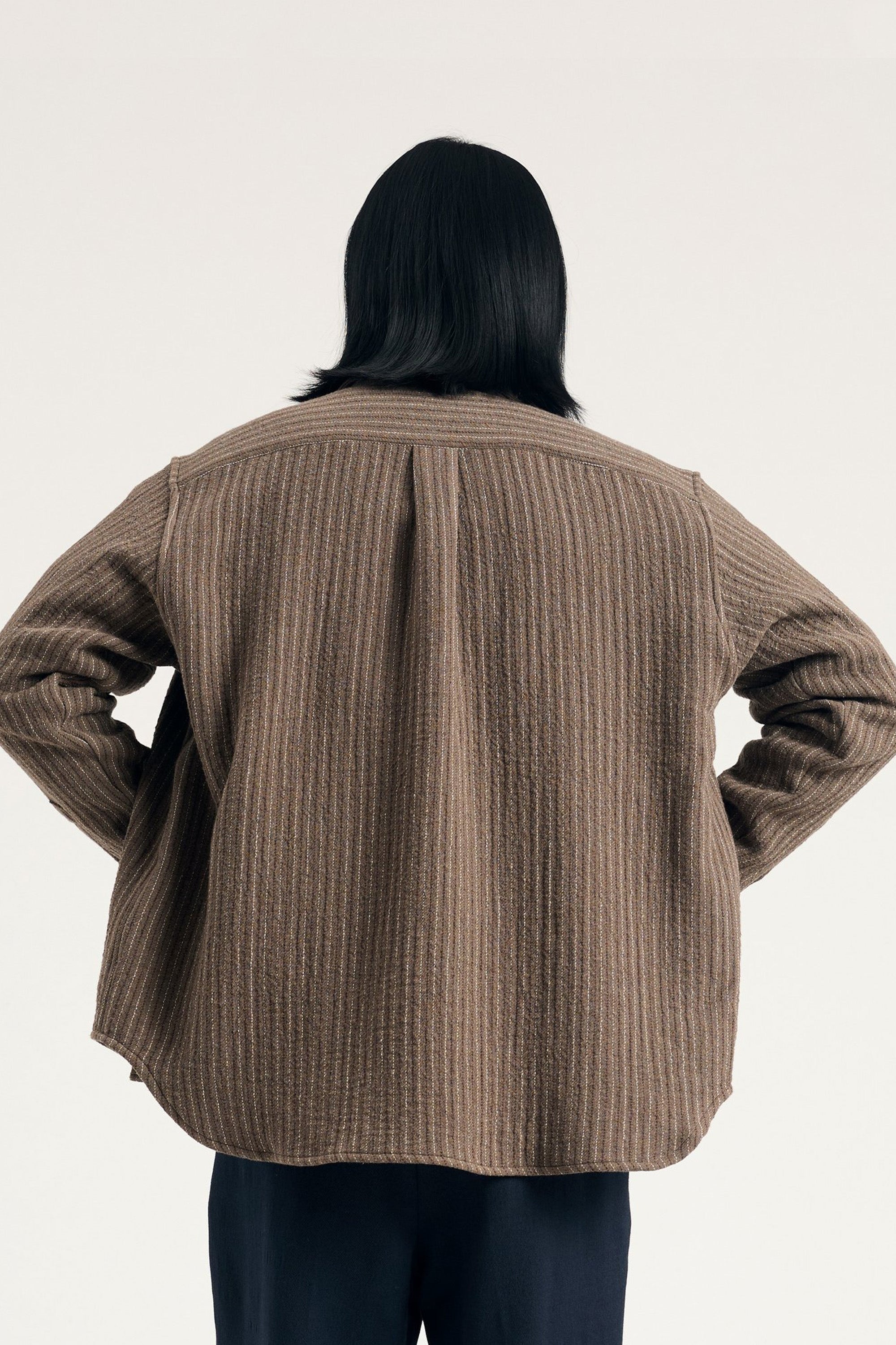 Ole Oversized Wool Stripe Shirt Seal Brown