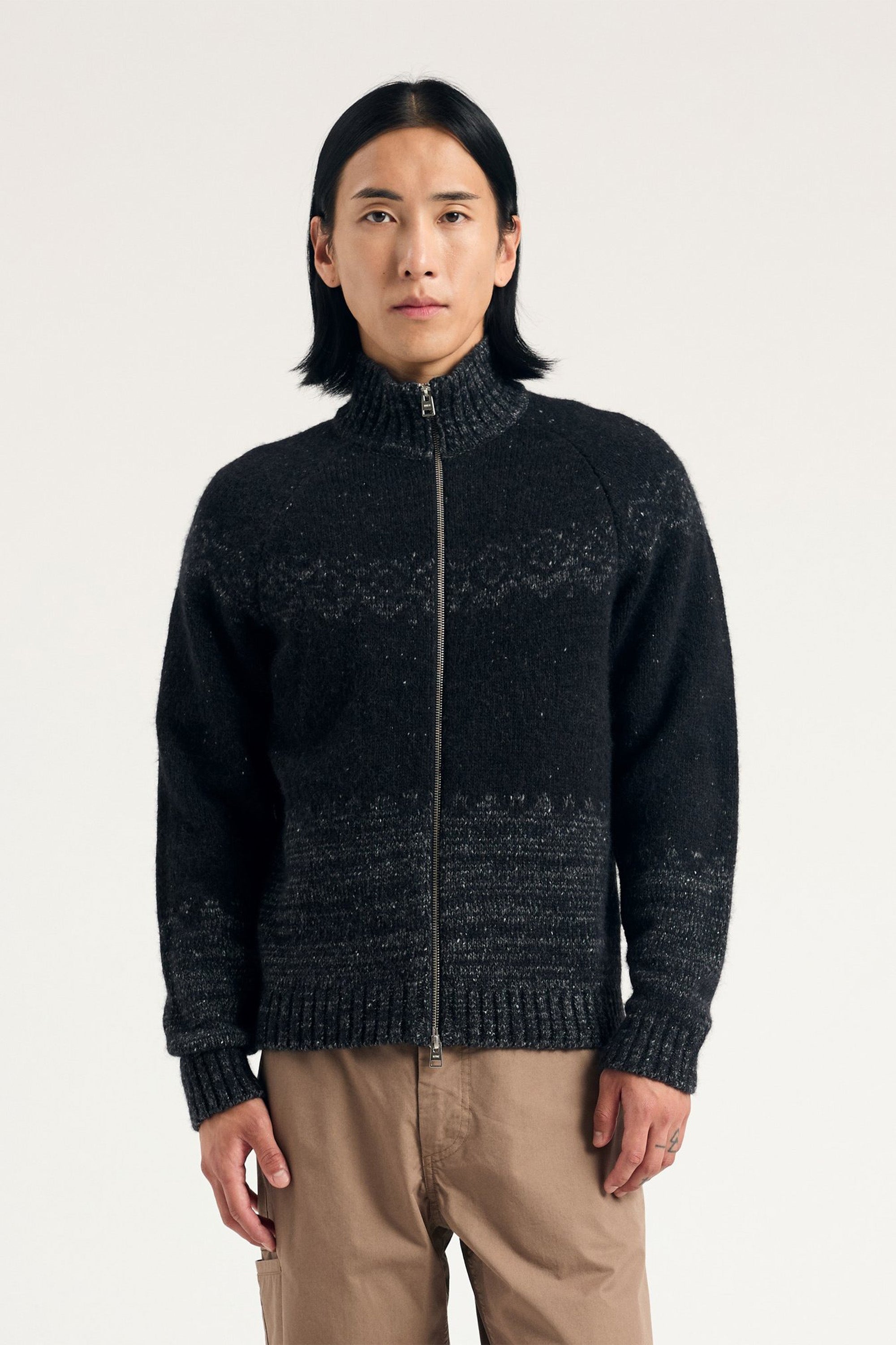 Ulf Full Zip Fairisle Cardigan Dark Grey Melange_1