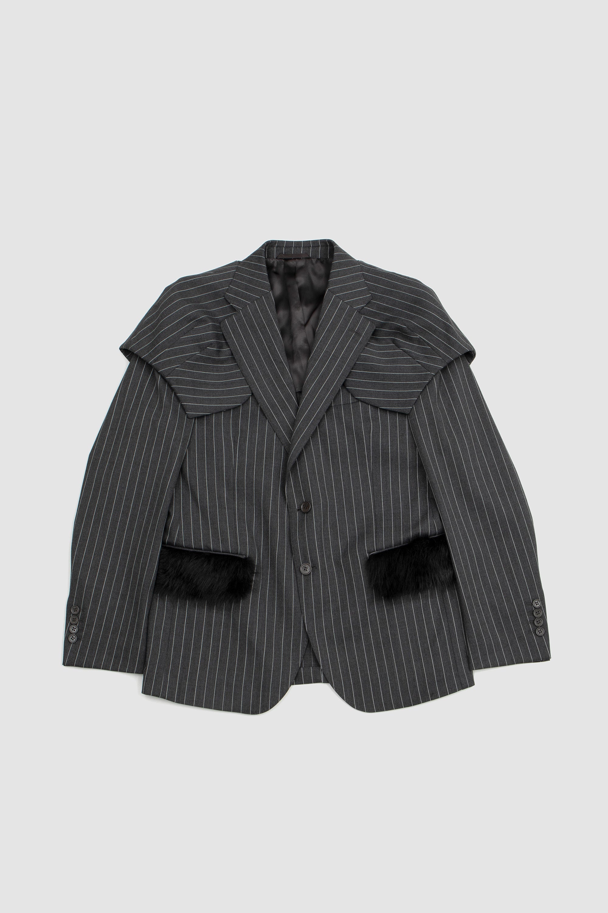 Classic Jacket With Faux Fur Pocket & Daisy Pinstripe Grey_1