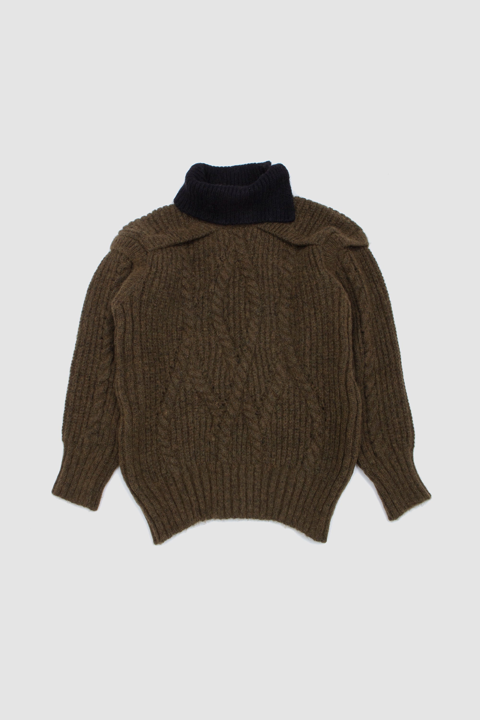 Contrast High Neck Chunky Knit Jumper Olive/ Black