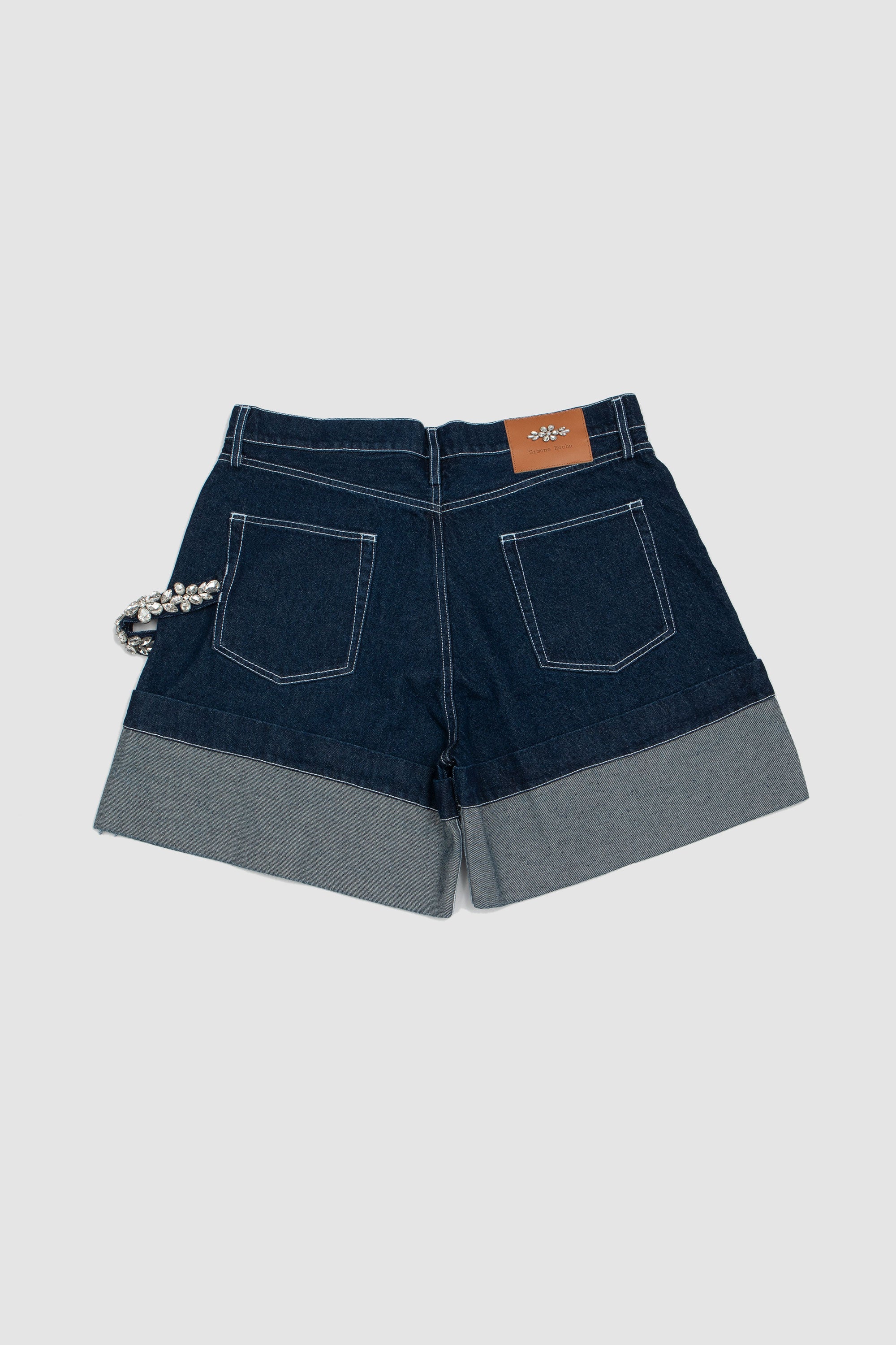 Embellished Wide Leg Puddle Denim Shorts Indigo/ Clear_8