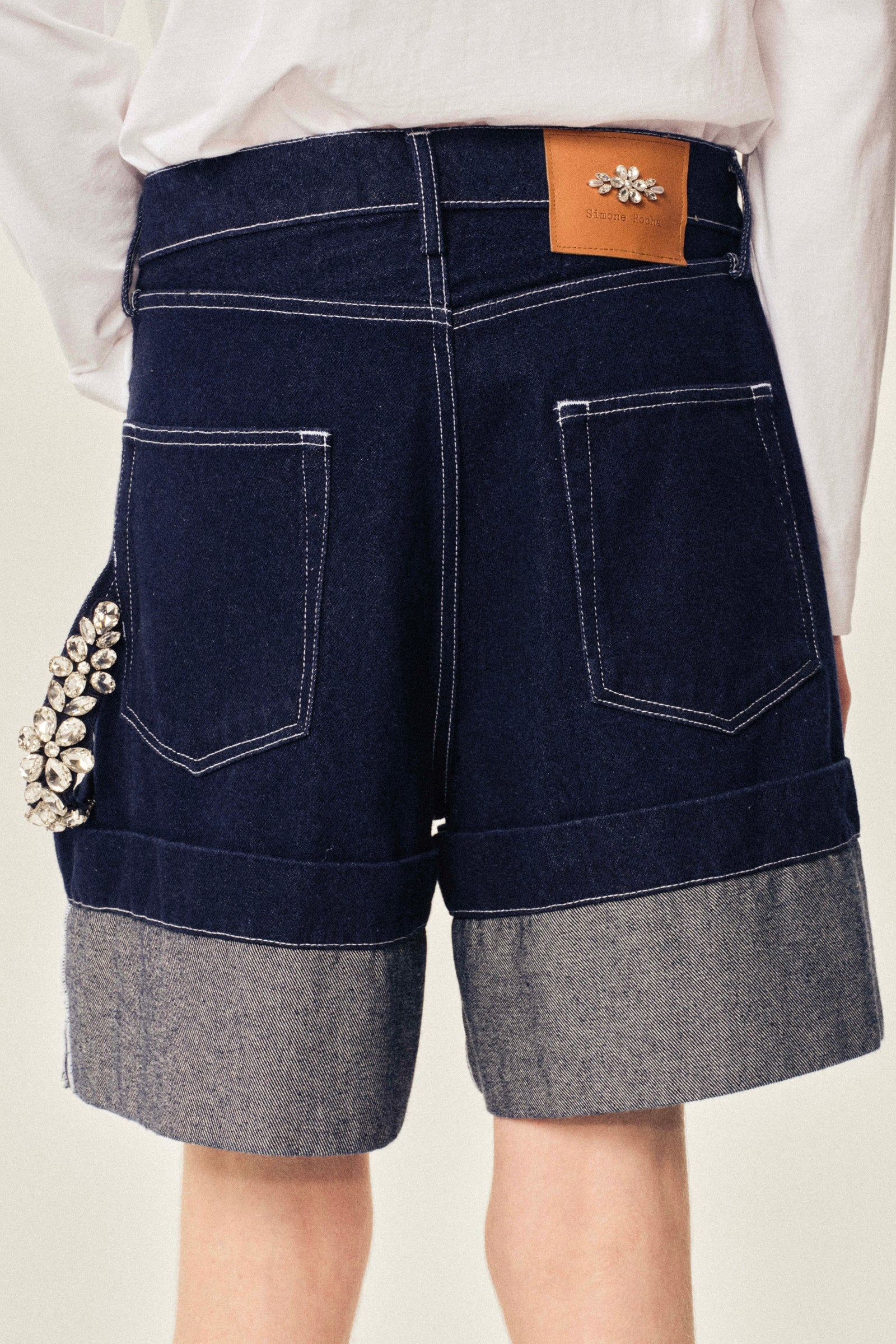 Embellished Wide Leg Puddle Denim Shorts Indigo/ Clear