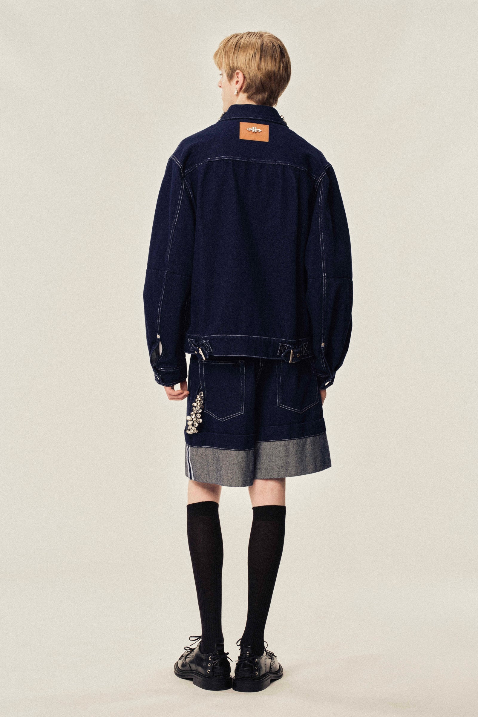 Embellished Wide Leg Puddle Denim Shorts Indigo/ Clear