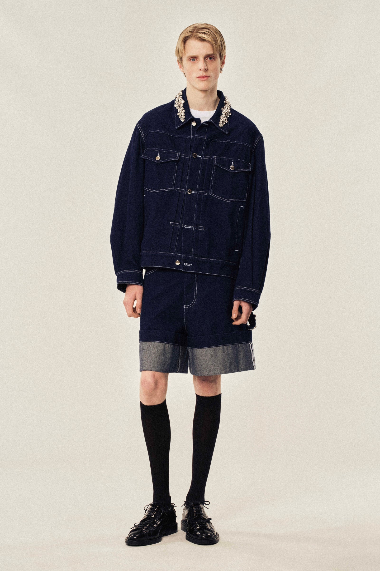 Embellished Wide Leg Puddle Denim Shorts Indigo/ Clear_1