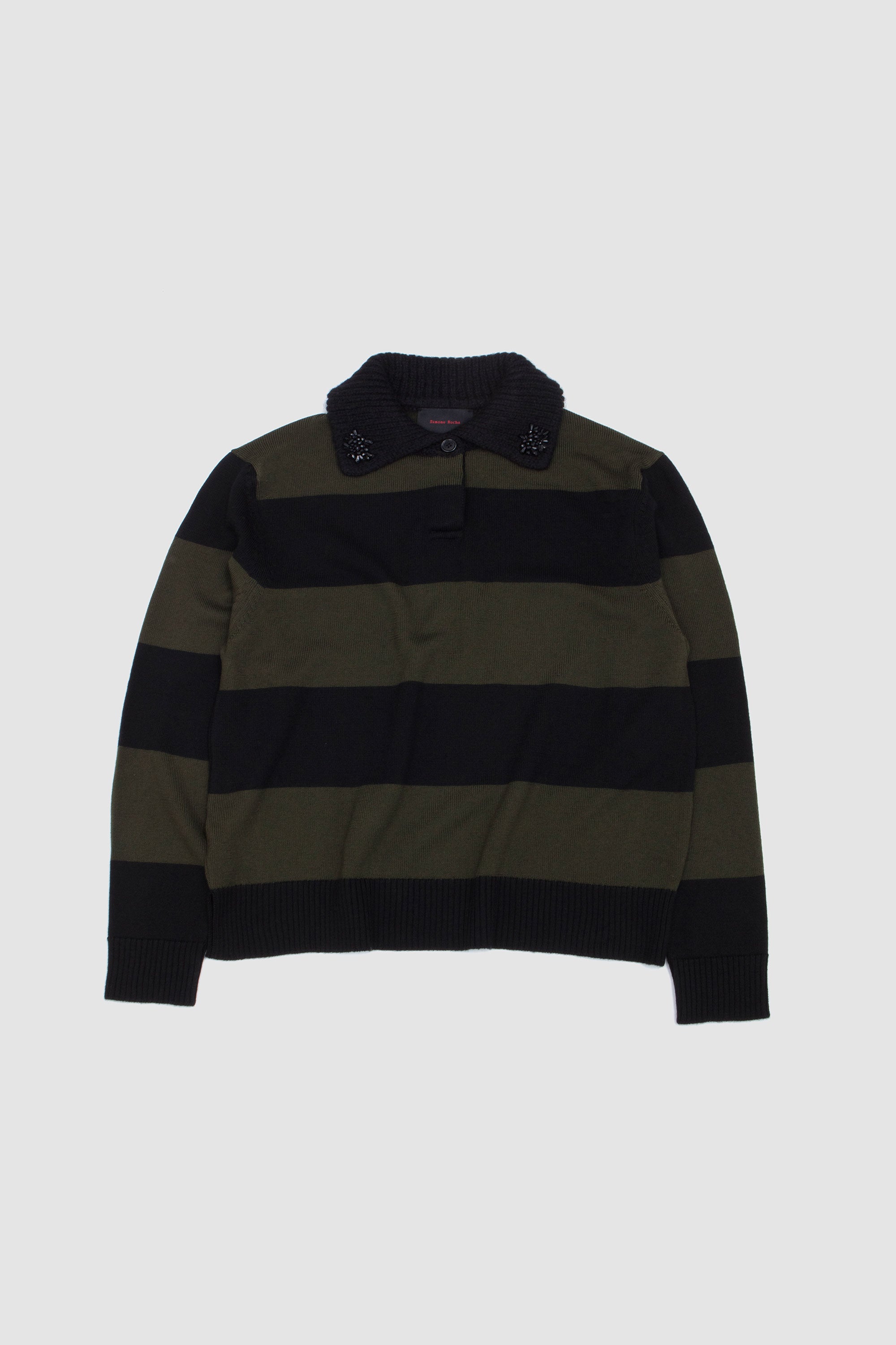Fuzzy Collar Striped Rugby Knit Jumper W/ EMB Khaki/ Black Jet