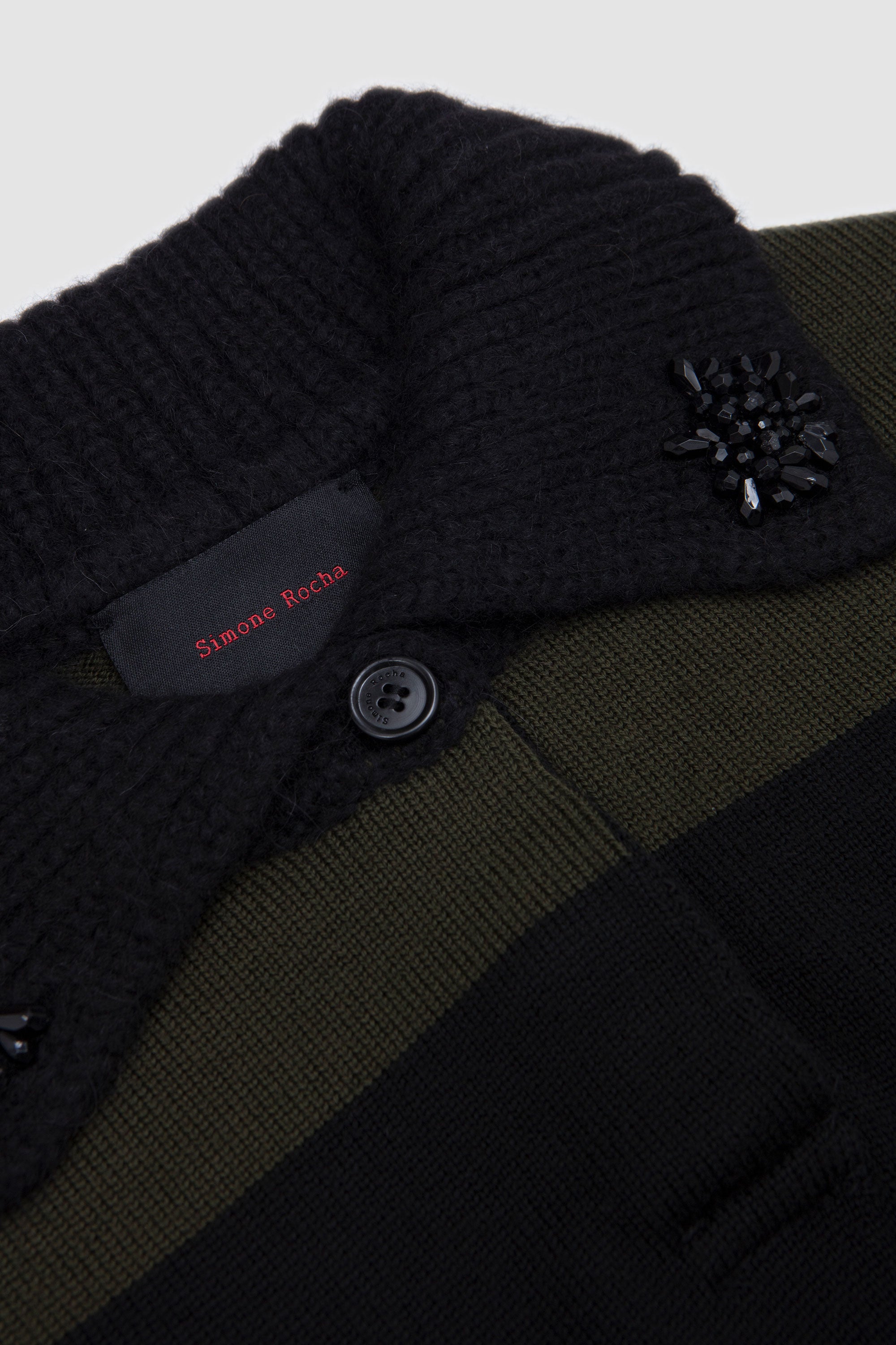 Fuzzy Collar Striped Rugby Knit Jumper W/ EMB Khaki/ Black Jet