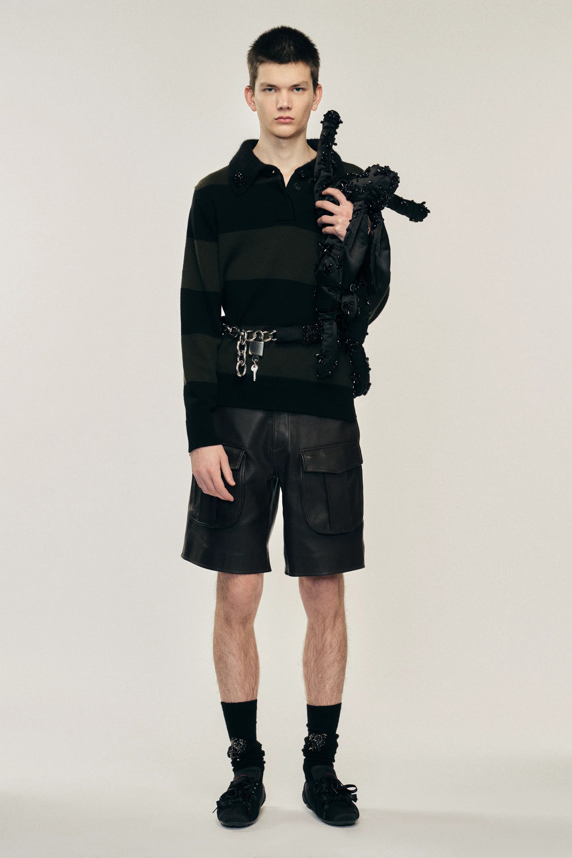 Fuzzy Collar Striped Rugby Knit Jumper W/ EMB Khaki/ Black Jet