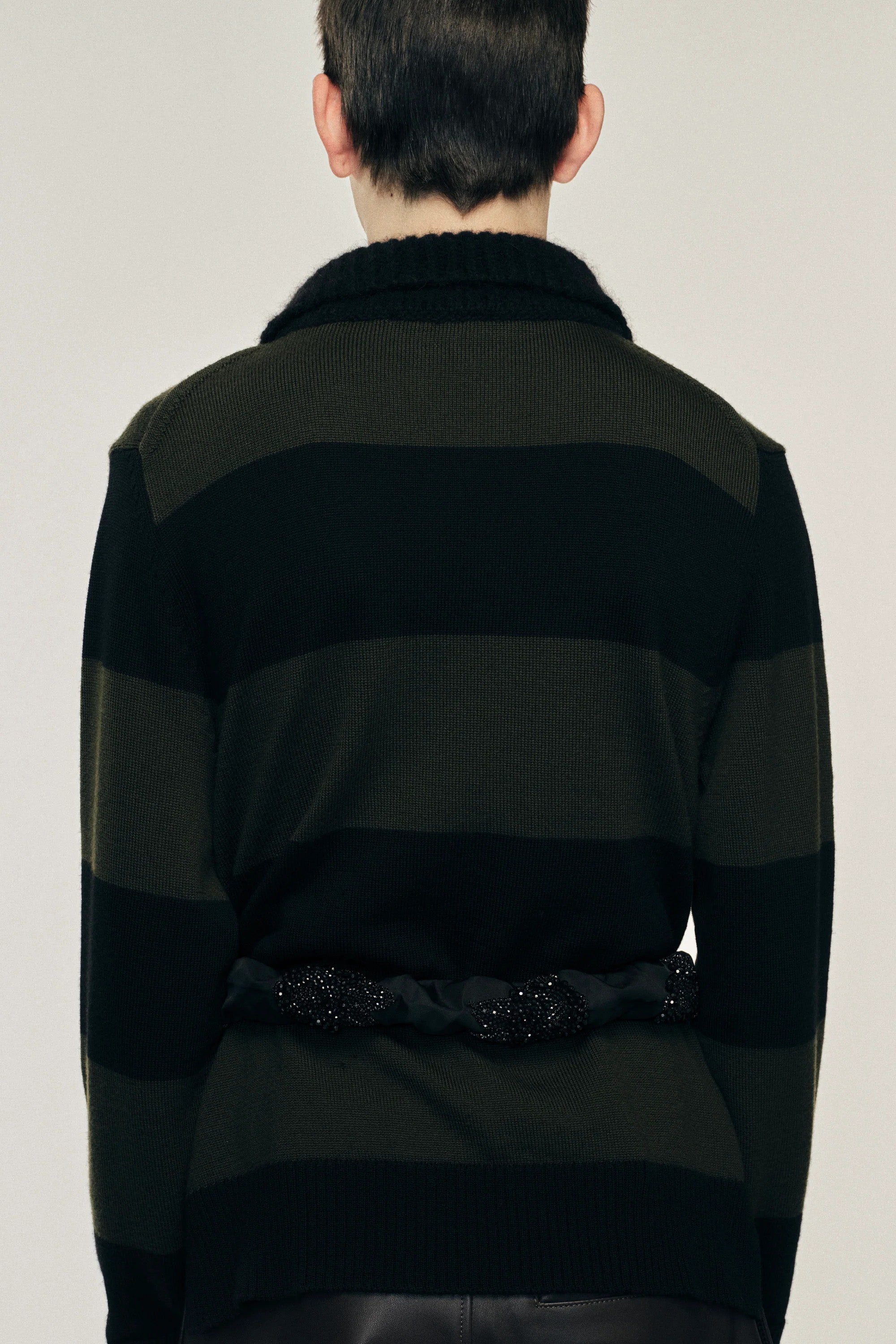 Fuzzy Collar Striped Rugby Knit Jumper W/ EMB Khaki/ Black Jet_4