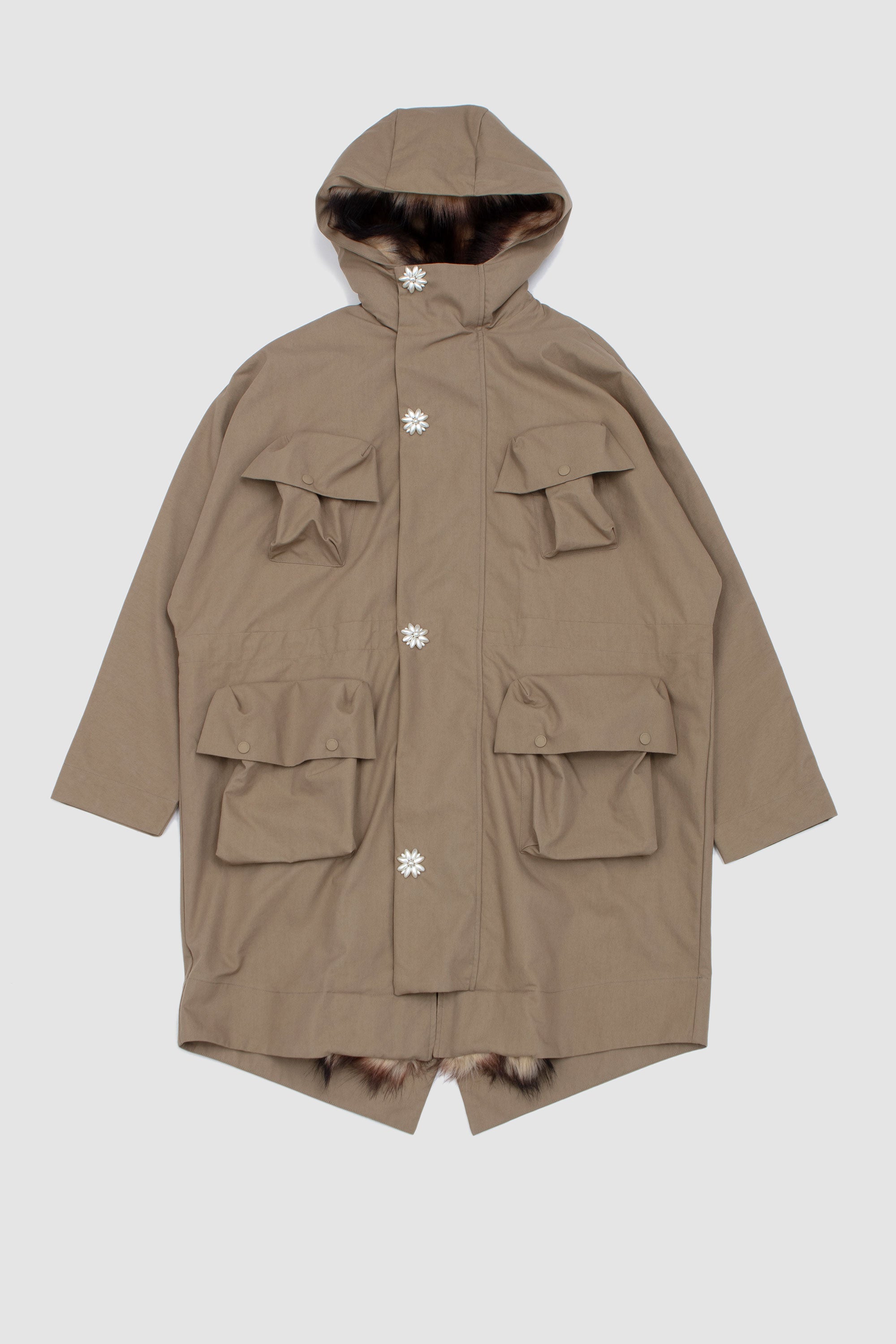 Multi Pocket Faux Fur Lined Parka Coat Stone/ Pearl