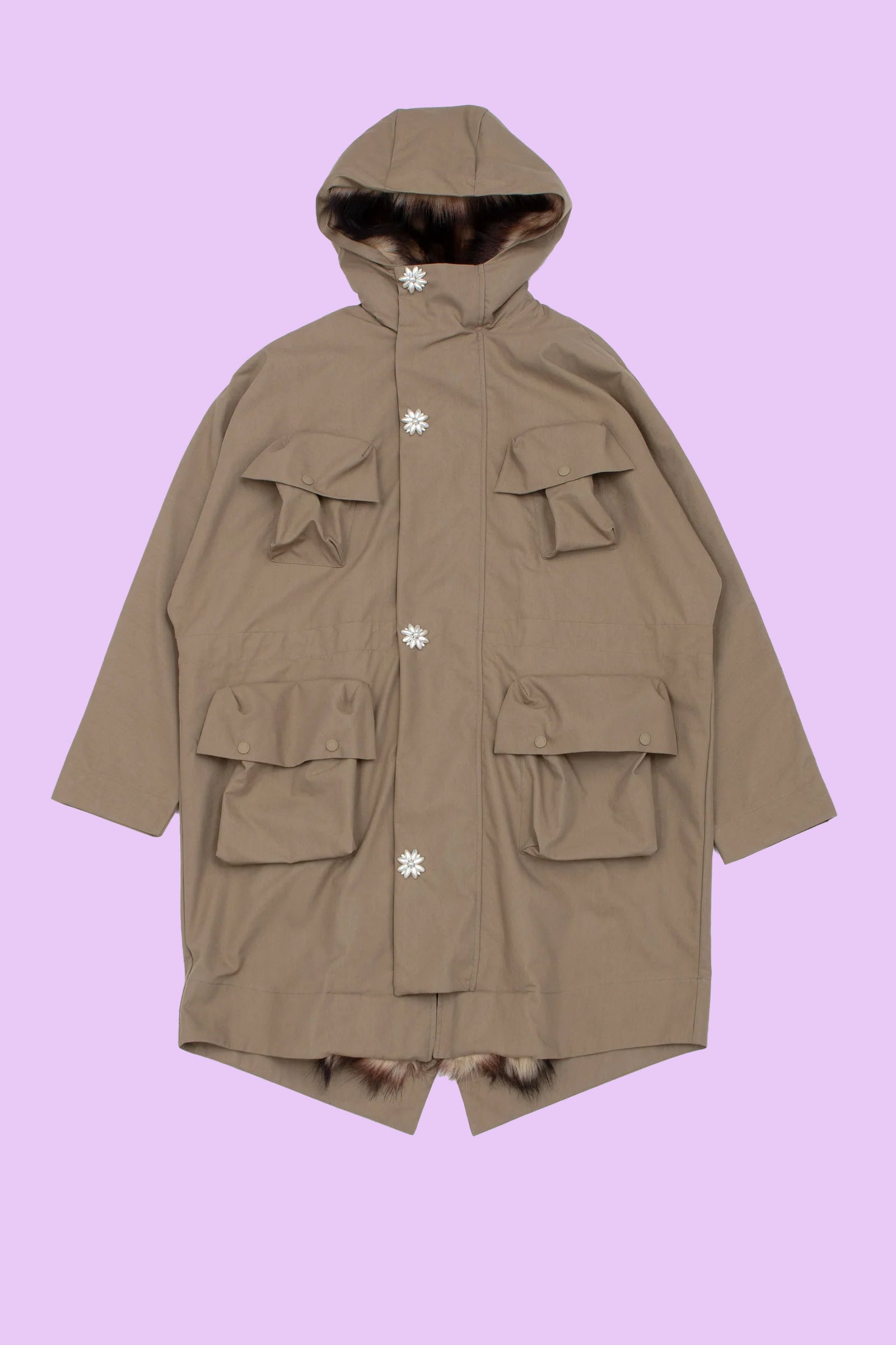 Multi Pocket Faux Fur Lined Parka Coat Stone/ Pearl