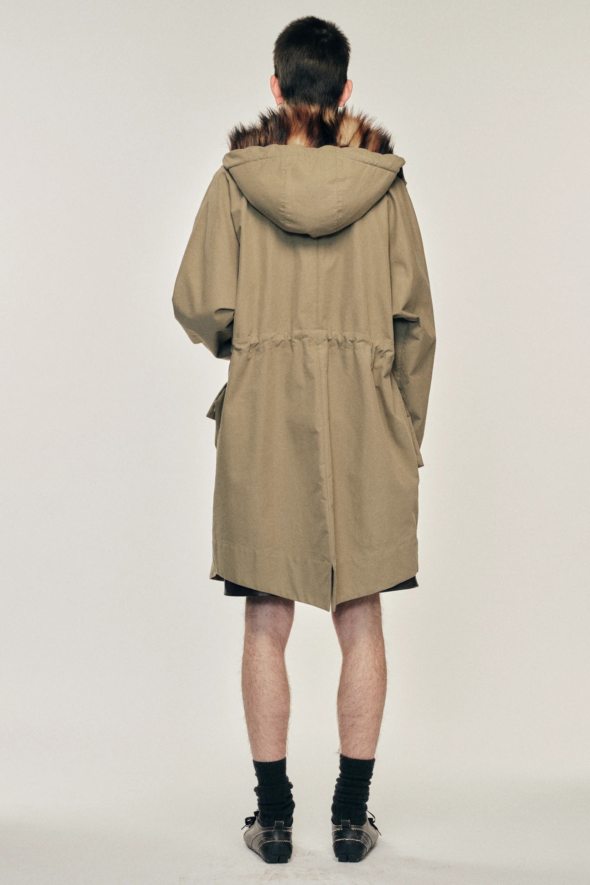 Multi Pocket Faux Fur Lined Parka Coat Stone/ Pearl