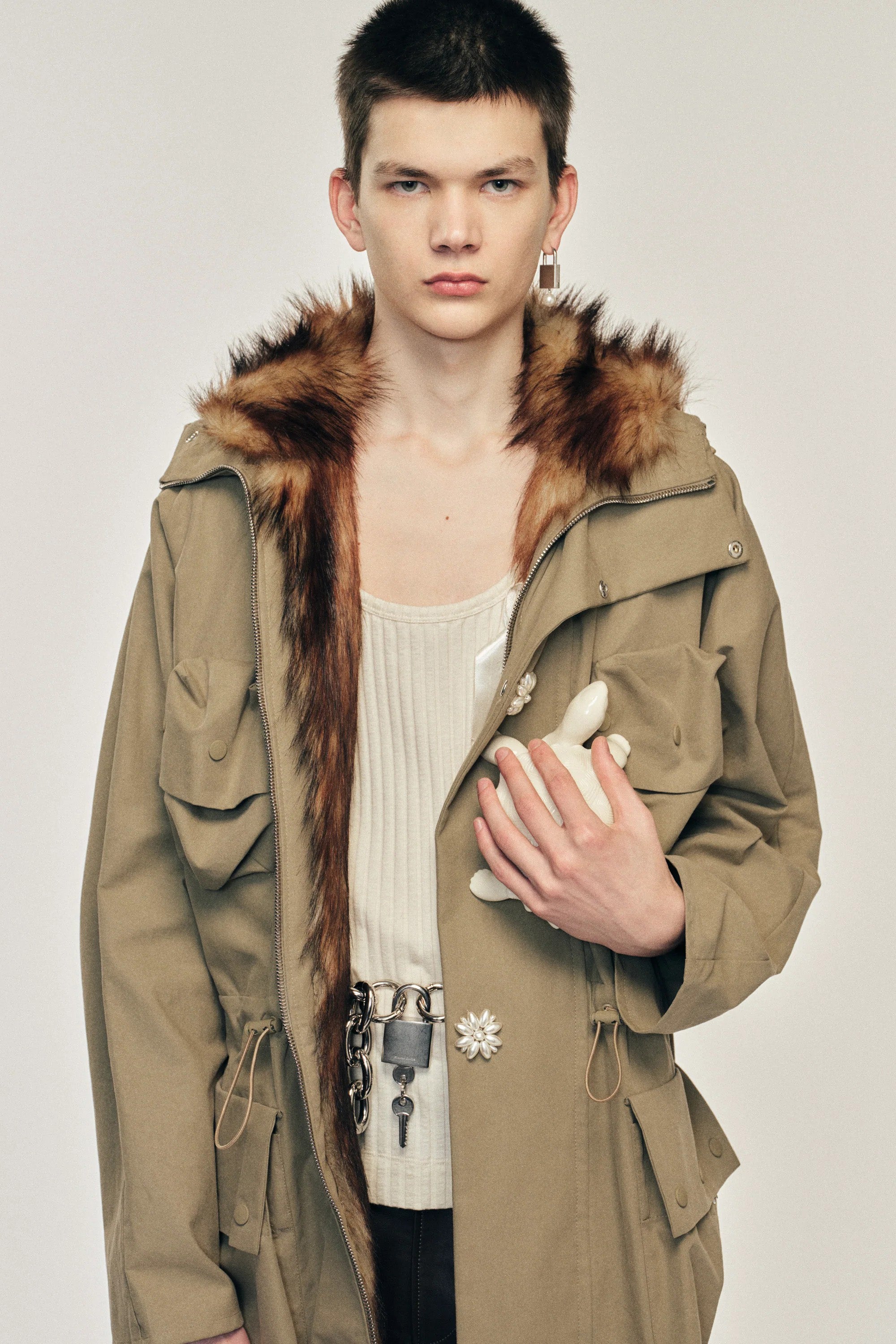 Multi Pocket Faux Fur Lined Parka Coat Stone/ Pearl