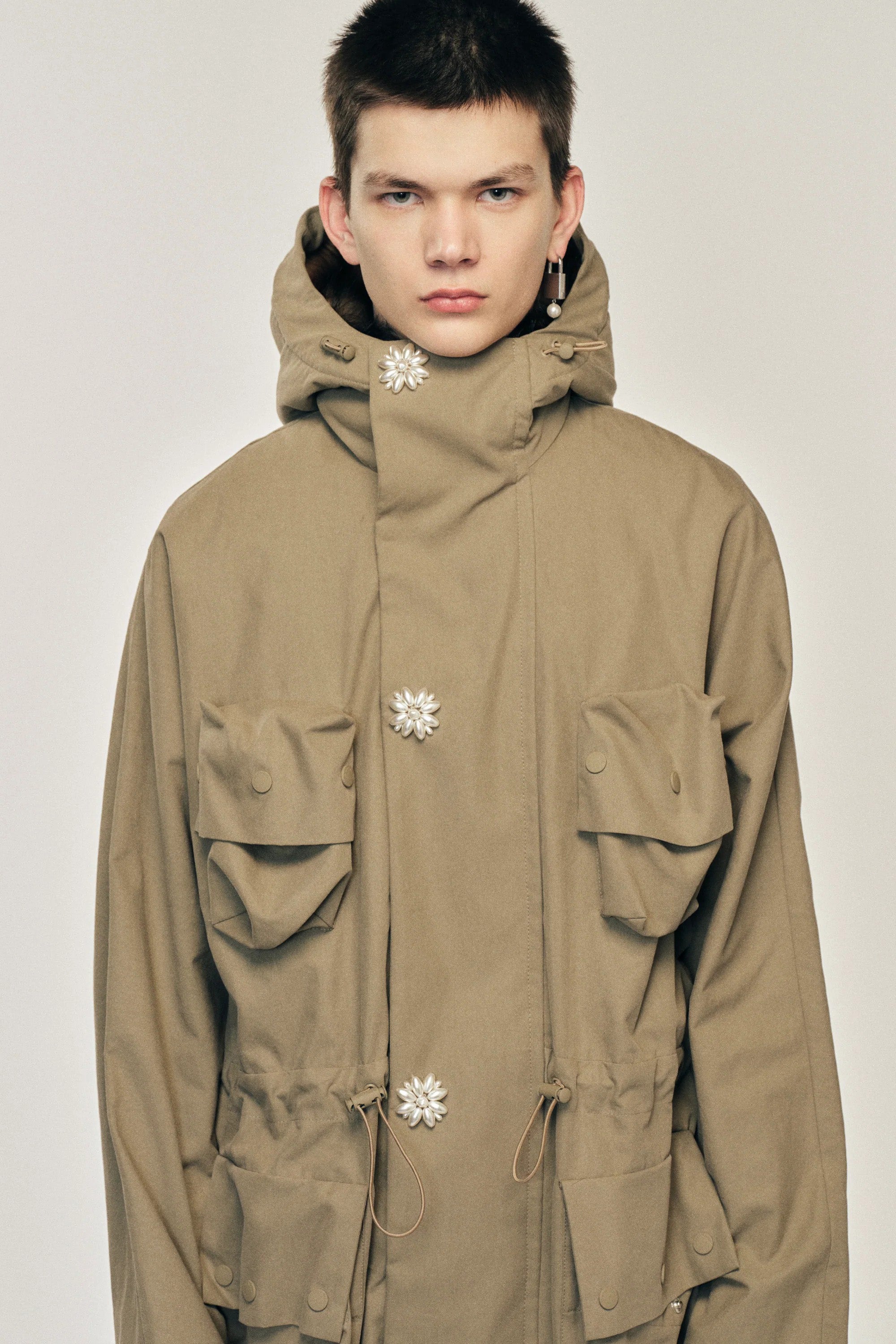 Multi Pocket Faux Fur Lined Parka Coat Stone/ Pearl_4