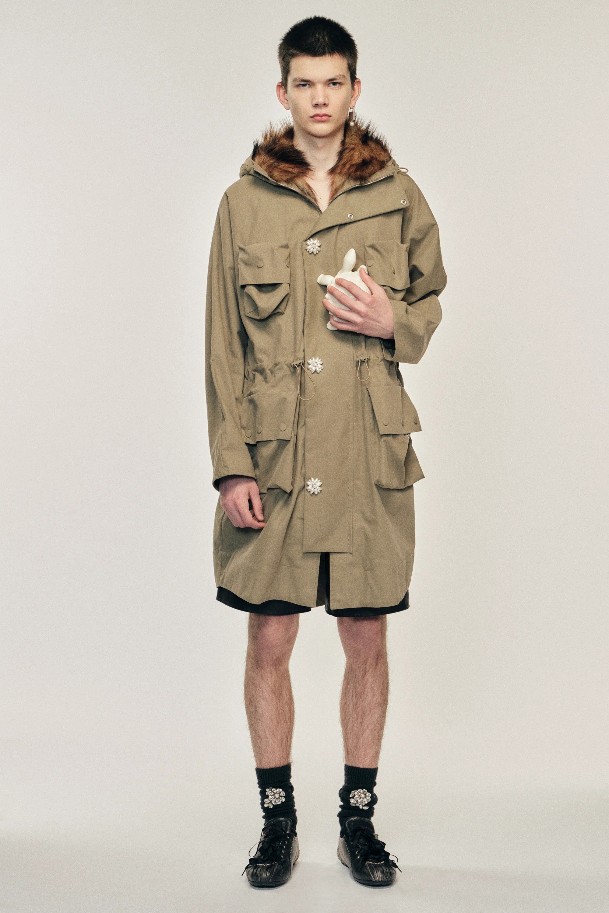 Multi Pocket Faux Fur Lined Parka Coat Stone/ Pearl_1