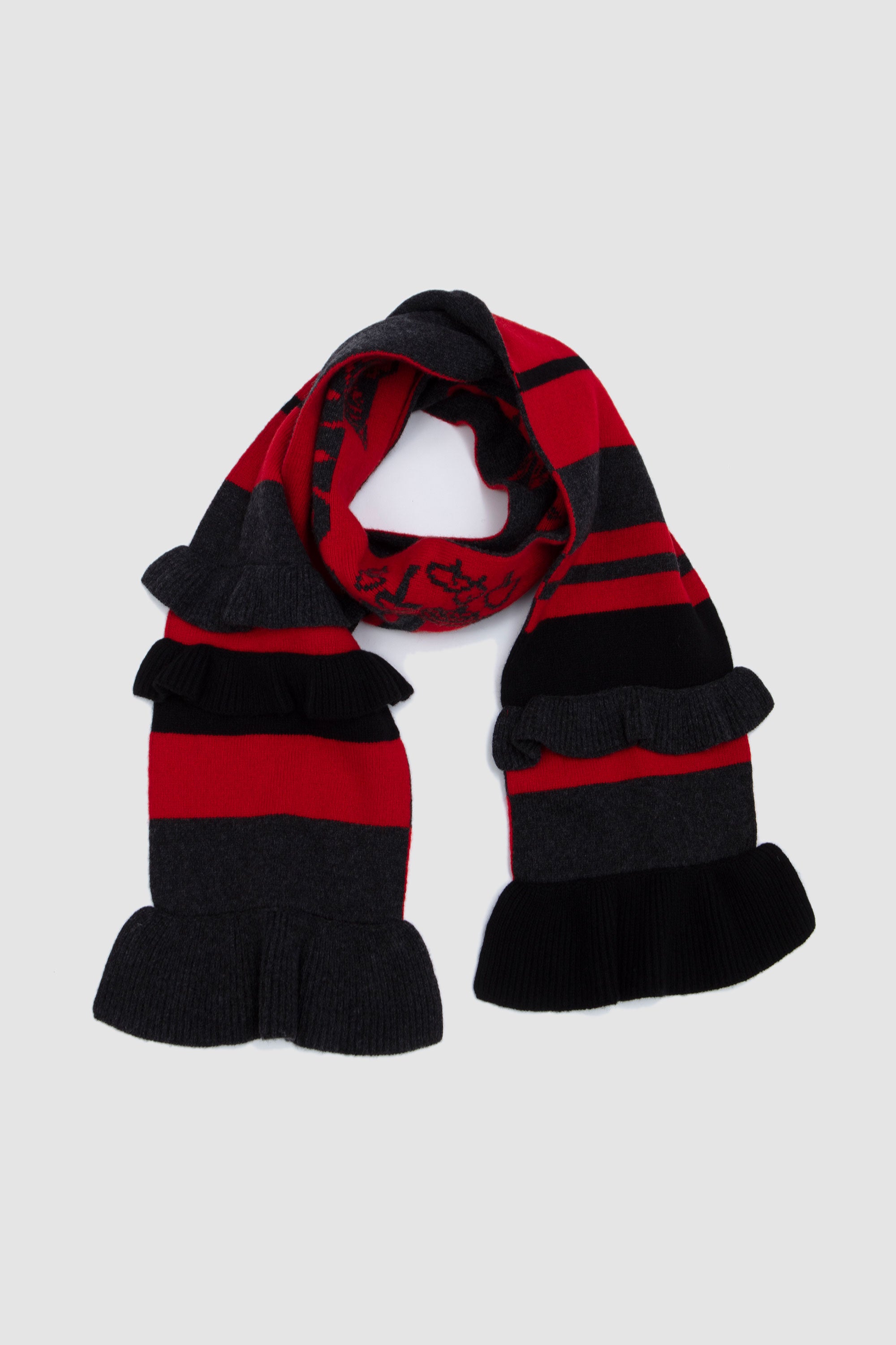 Ruffle Graphic Logo Knit Scarf Charcoal/ Red/ Black
