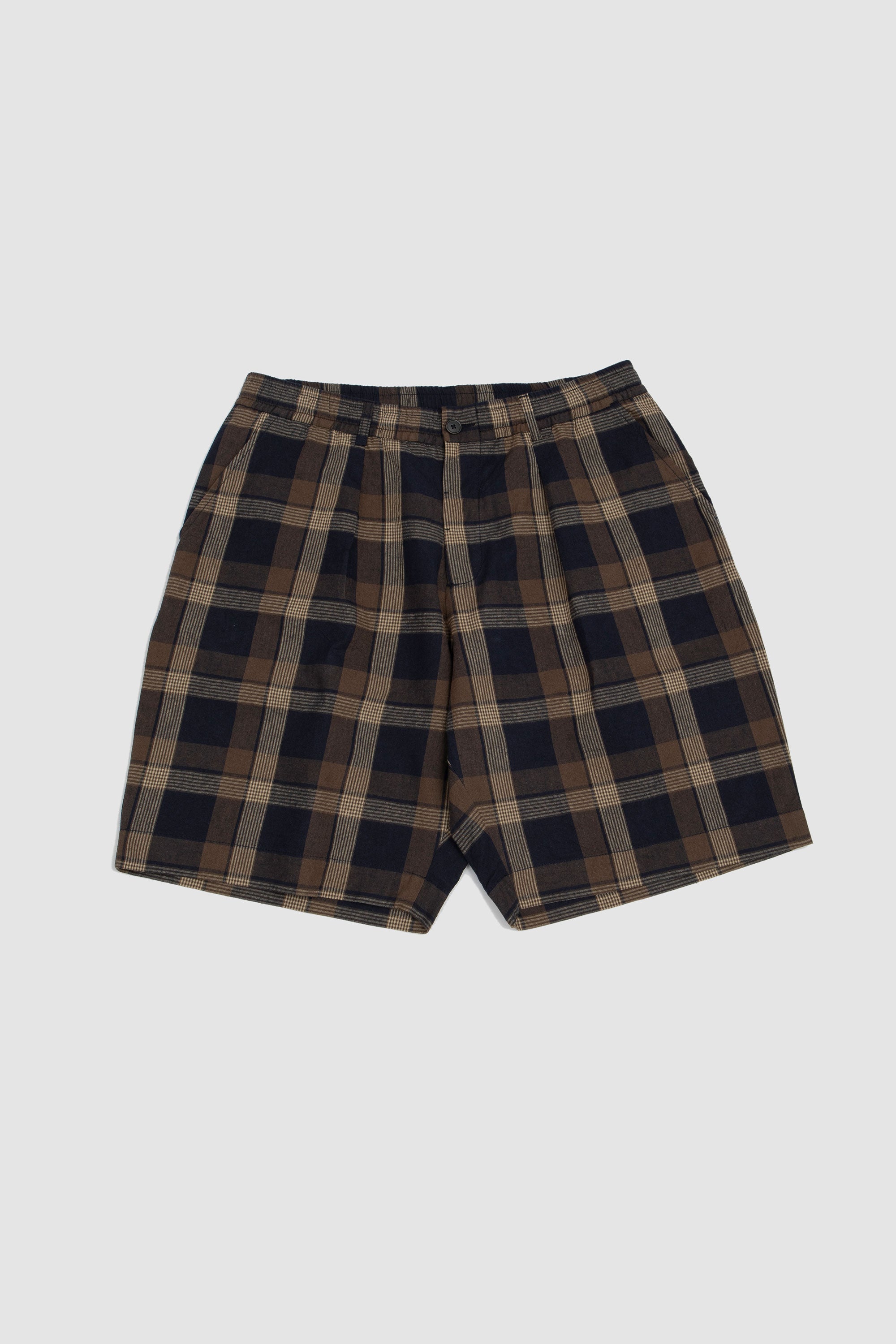 Pleated Lincot Big Check Track Short Navy/ Brown