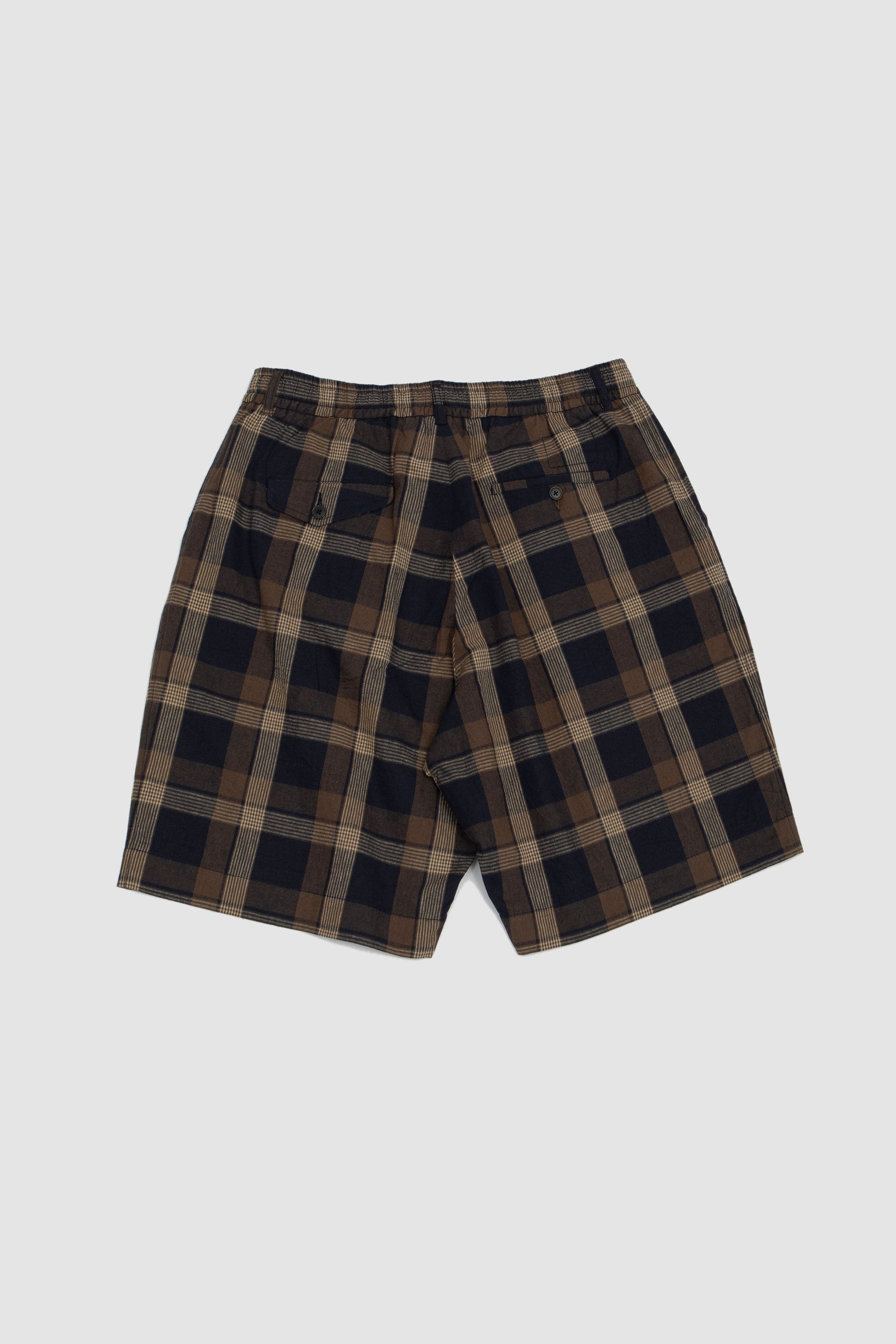 Pleated Lincot Big Check Track Short Navy/ Brown_4