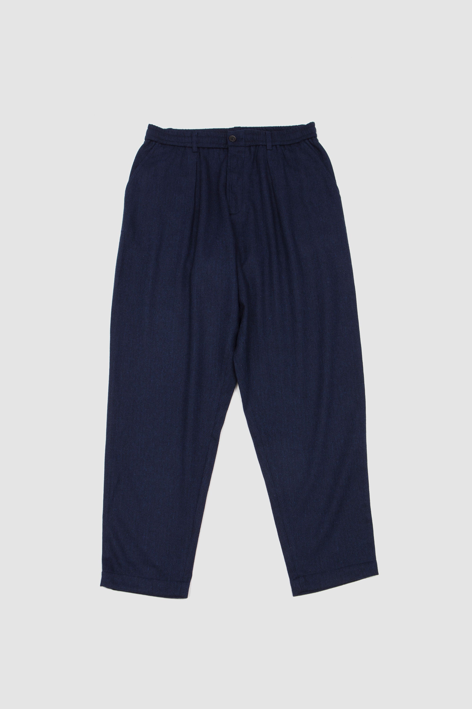Pleated Track Pant Wool Herringbone Navy_1